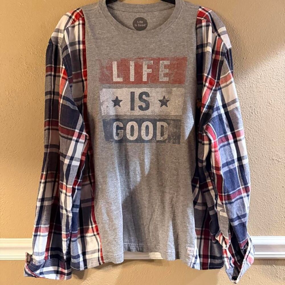 Life-is-good Upcycled T-shirt/Flannel sleeve Top, Size 1X/2X